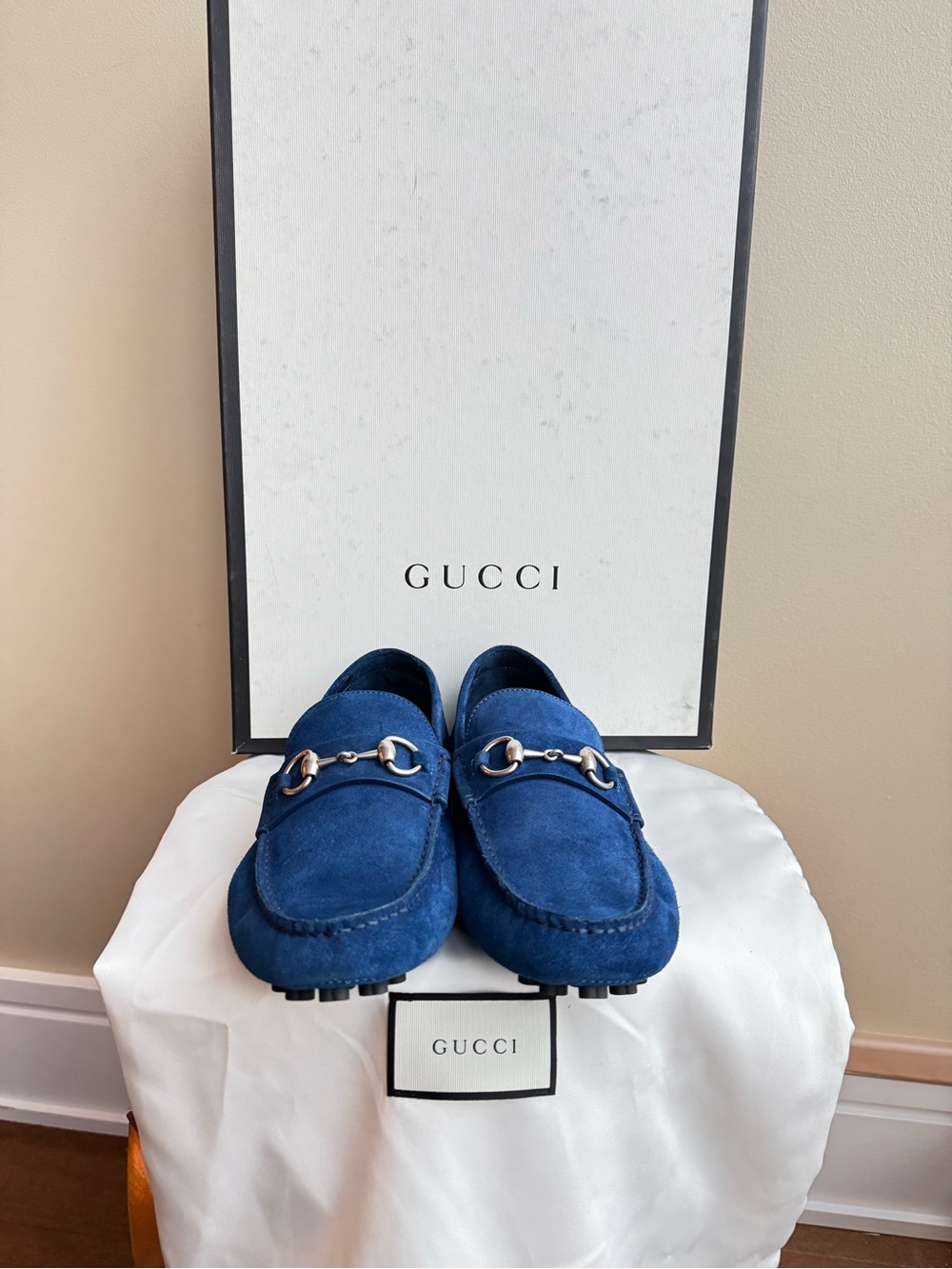 NWT Gucci Men’s Horsebit Loafers in Royal Blue, Suede, size 7